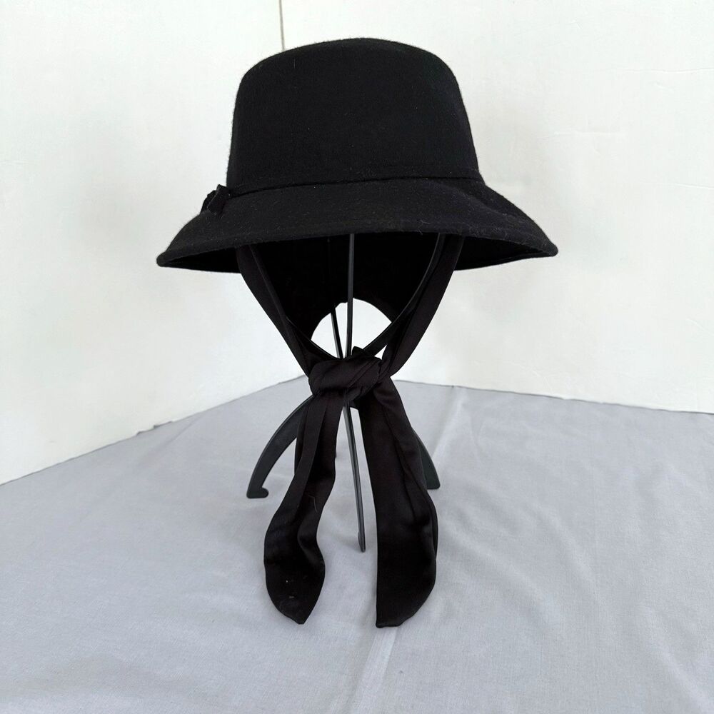 Vtg Black Wool Felt Cloche Hat Wide Brim Bow Long Scarf Ties Timeless Winter OS
